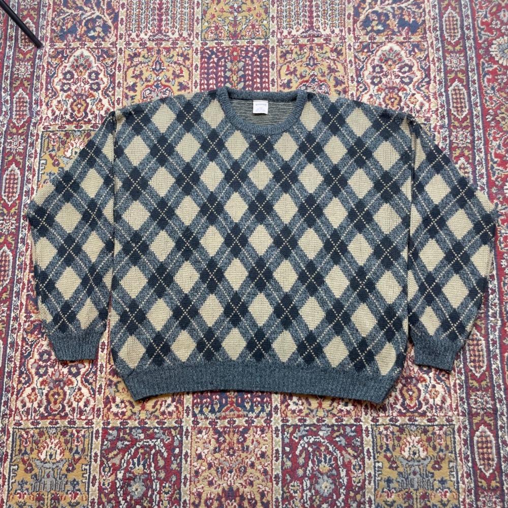 Windridge Mens XXLT Argyle Sweater Pullover Blue Tan Crew Neck‎ Long Sleeve Knit